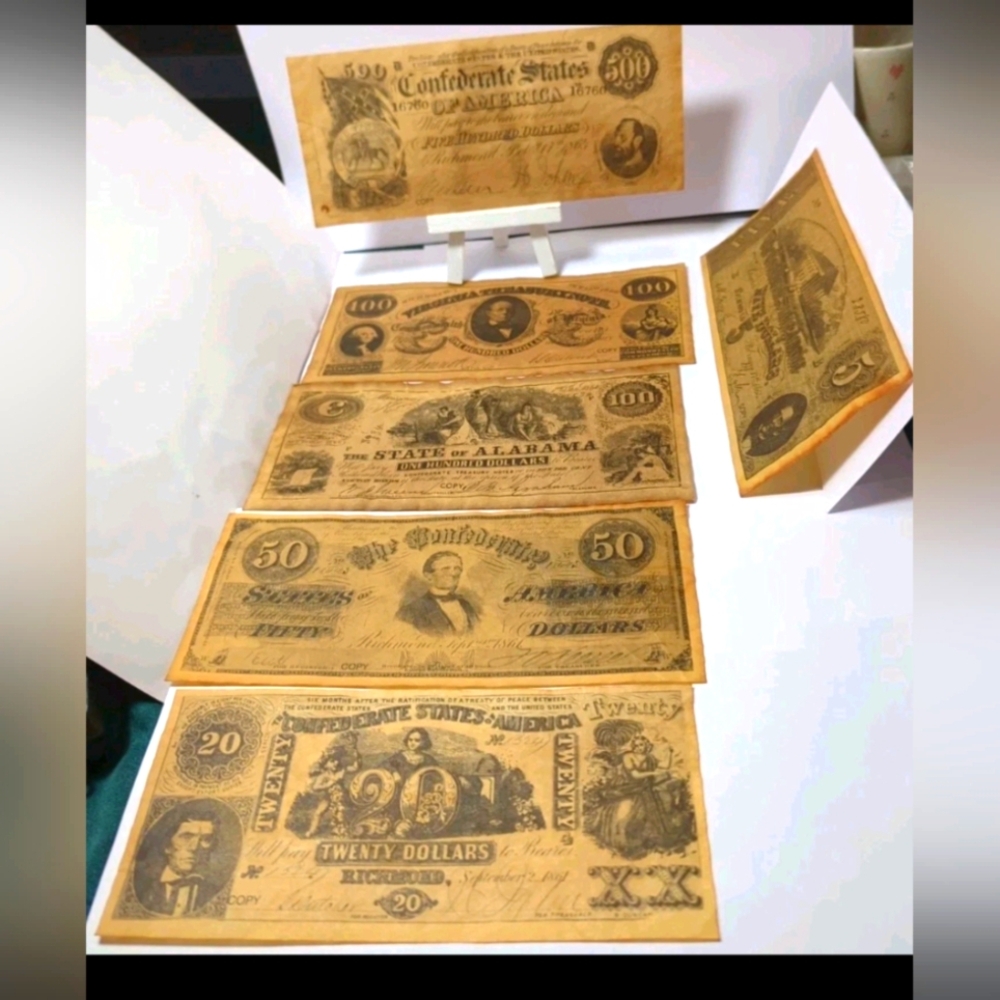 8 Pcs. Confederate Currency Set Vintage 80s Reproductions